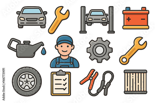 Car service and auto repair icons. Automotive maintenance vector set. Mechanic, garage, oil, battery, tire, diagnostics, inspection, wrench, filter, car on lift symbols.