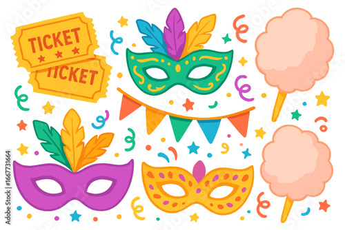 Carnival party vector icons set. Festive cartoon illustration with circus ticket, masquerade mask, cotton candy, and flag garland for holiday celebration, festival, or fair.