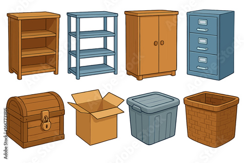 Storage container and furniture set. Vector cartoon illustration of bookshelf, cabinet, filing cabinet, box, chest, bin, basket. Organization, moving and home goods concept.