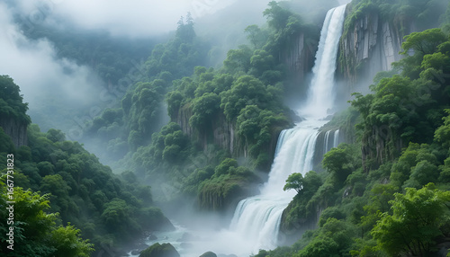 Experience the awe-inspiring beauty of a majestic waterfall cascading down lush green cliffs, enveloped in a mystical, ethereal mist creating a serene natural spectacle.