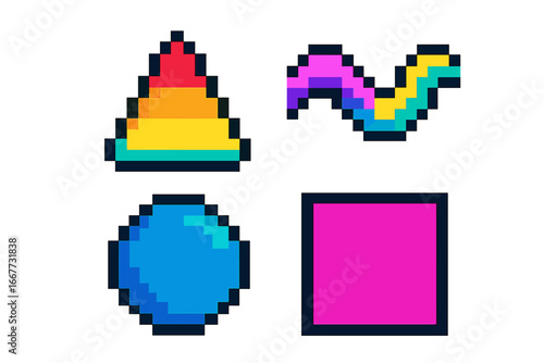 Pixel art shapes set. 8-bit retro game style icons. Colorful geometric collection with triangle, circle, square, and wave. Digital graphic elements for arcade video game design.