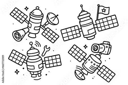 Hand-drawn satellites doodle set. Vector line art icons illustrating space exploration, communication technology, GPS, and science. Cartoon sputnik collection for futuristic design.