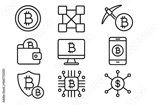 Cryptocurrency blockchain outline icon set. Bitcoin, mining, crypto wallet, digital finance symbols. Fintech, secure transaction, decentralized technology linear pictogram collection.