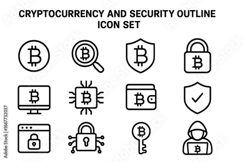 Cryptocurrency and cyber security outline icon set. Bitcoin, blockchain technology symbols. Digital money, finance, crypto wallet, data protection vector linear pictograms.