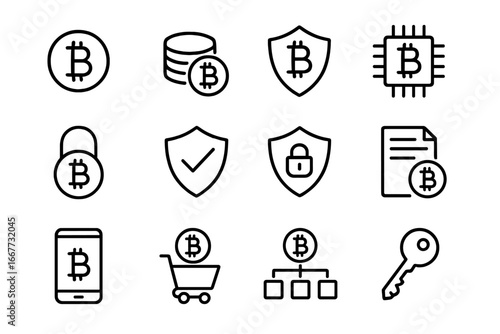 Cryptocurrency and security outline icon set. Bitcoin, blockchain, and finance symbols. Vector icons for web and app design, including payment, protection, and digital money.