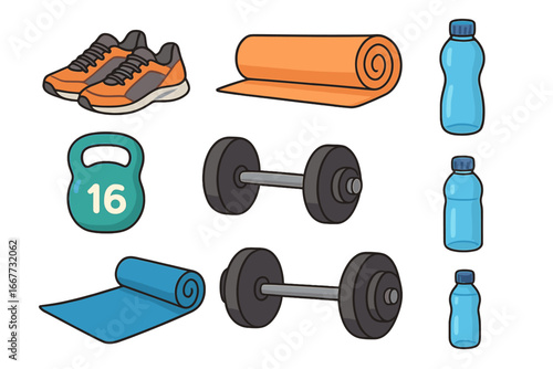 Fitness and gym equipment set for workout and exercise. Vector illustration collection with dumbbell, kettlebell, yoga mat, running shoes and water bottle. Healthy lifestyle icons.