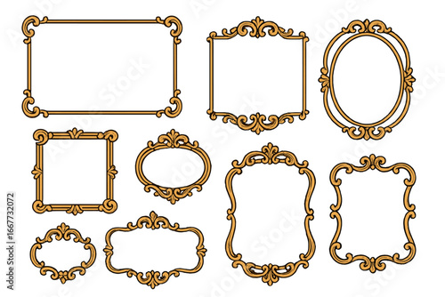 Set of elegant vintage gold frames. Ornate baroque border collection. Decorative classic filigree design elements. Retro victorian label for wedding invitation or mirror.
