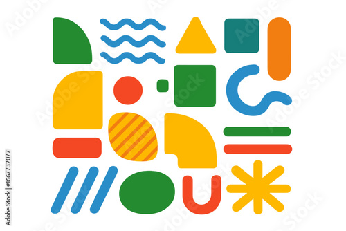 Abstract geometric basic figures set. Colorful creative shapes background. Modern minimalist pattern. Playful vector doodle elements for decoration and seamless composition.