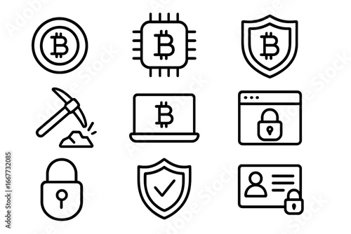 Cryptocurrency security outline icon set. Bitcoin, mining, and blockchain symbols. Digital money protection concepts for web and apps. Vector financial technology pictograms.