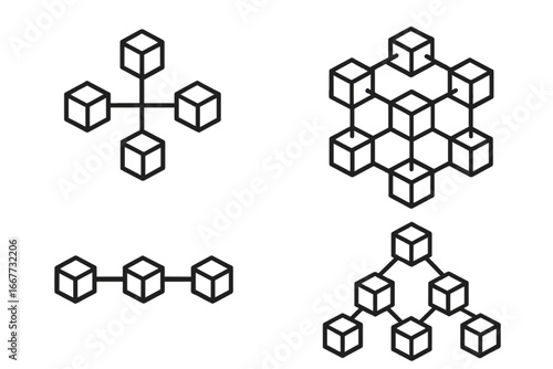 Set of blockchain technology icons. Different network structures: decentralized, centralized, peer-to-peer, and hierarchical. Distributed ledger, database, and web3 concept vector.