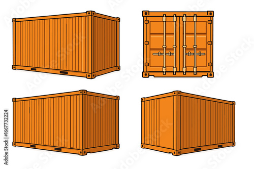 Shipping container set from different perspectives for transport and storage. Vector of intermodal cargo freight for logistics, import, export, and global distribution.