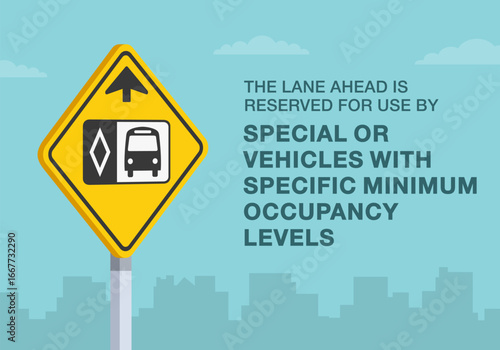 Safe driving tips and traffic regulation rules. Close-up of canadian "reserved lane ahead" sign meaning. The lane reserved for special vehicles. Flat vector illustration template.