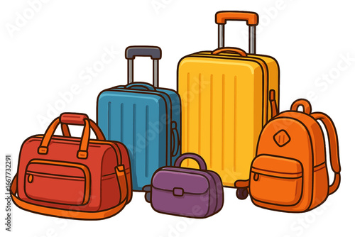 Travel luggage and bags collection. Colorful suitcase, backpack, and duffle bag for vacation journey. Holiday packing and tourism baggage concept. Vector cartoon illustration.