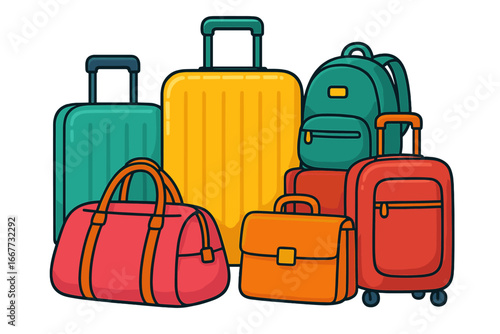 Travel luggage and baggage collection. Colorful cartoon vector illustration set. Suitcase, backpack, carry-on, and duffel bags. Isolated icon for vacation, journey, tourism.