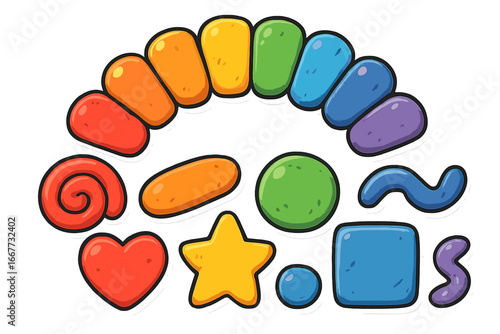 Colorful clay shapes set. Plasticine modeling elements for kids. Rainbow, heart, star and geometric forms. Vector cartoon illustration for creative design, art and craft.