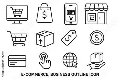 E-commerce business outline icon set for online shopping and retail. Vector graphics collection includes cart, payment, delivery, mobile buy button, and credit card icons.