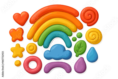 Colorful plasticine icons set. 3D modeling clay art. Weather and nature shapes like rainbow, cloud, star, heart, and sun. Kids creative craft and play dough objects.