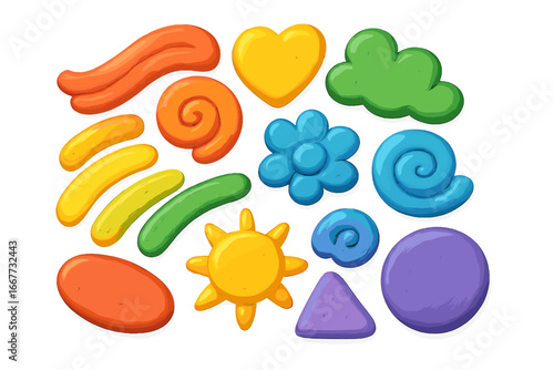 Colorful plasticine 3d shapes set. Play dough modeling clay collection in rainbow colors. Vector icons for kids creative craft project. Sun, heart, flower, cloud elements.