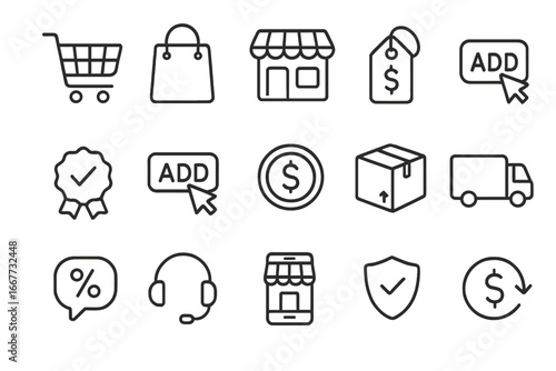 E-commerce line icon set for online shopping and retail business. Includes cart, delivery, secure payment, and support symbols. Vector graphic for web, mobile app, UI design.