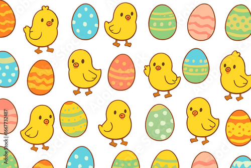 Easter seamless pattern with cute cartoon chicks and colorful decorated eggs. Spring holiday vector illustration. Festive background for wallpaper, textile, wrapping paper.