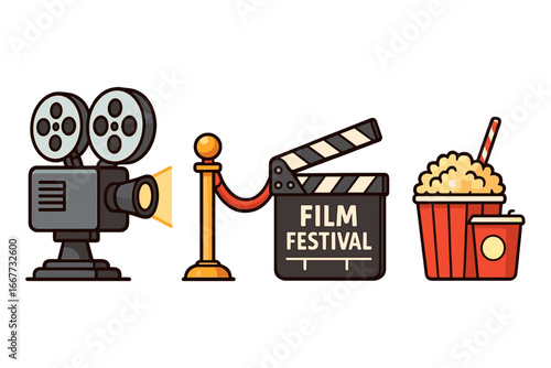 Film festival and movie night icon set. Cinema concept with retro camera, clapperboard, red carpet and popcorn. Entertainment and filmmaking vector cartoon illustration.