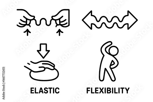 Elasticity and flexibility vector icon collection. Symbols for stretch, pressure, resilience, and adaptability. Linear icons for physics, material properties, and physical fitness.