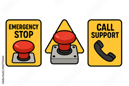 Emergency stop button, red warning press button, call support icon set. Vector cartoon illustration of panic alert, danger signal, safety equipment, industrial control panel.