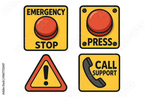 Emergency stop button and warning sign vector set. Red press button for immediate halt. Industrial safety, alert, and danger symbol. Call support icon for help desk.