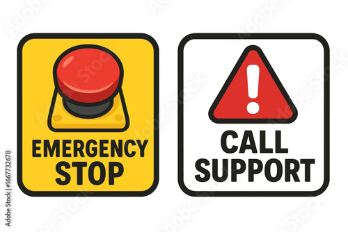 Emergency stop button and call support sign. Red alert push-button for safety and danger. Industrial control element. Technology warning symbol icon. Vector cartoon illustration.