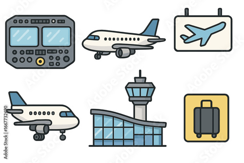 Airline and airport vector icon set. Features airplane, cockpit controls, air traffic control tower, terminal building, flight sign, and luggage. Aviation & travel symbols.