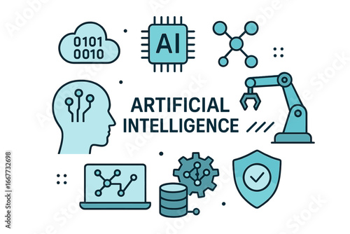 Artificial intelligence concept banner. AI technology icons like machine learning, neural network, robotic arm, data science and security. Vector illustration for digital business.