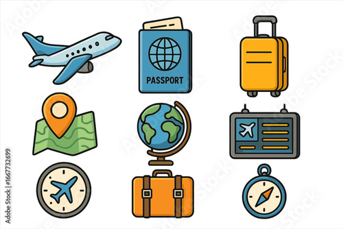 Travel and tourism icon collection for vacation concepts. Flat vector set with airplane, flight schedule, passport, luggage, map, globe, and compass for holiday journey design.