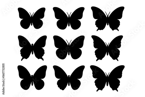 Butterfly silhouette vector icon set. Collection of isolated black insect shapes. Elegant nature fauna graphic design element for logo, tattoo, or decorative summer use.