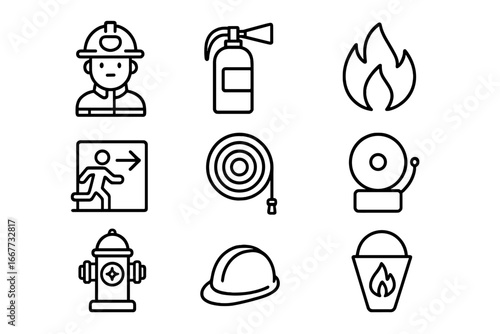 Fire safety line icon set. Vector collection of firefighter and emergency rescue equipment. Protection symbols like extinguisher, hose, hydrant, alarm, helmet and exit.