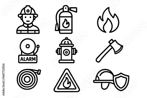 Fire safety line icon set. Emergency response and protection symbols. Firefighter, extinguisher, hydrant, hose, alarm, and axe vector icons. Fire department equipment signs.