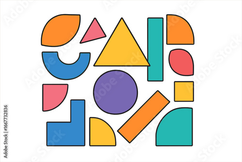 Geometric shapes collection. Colorful modern abstract background. Basic figures for constructor game. Primitive form elements for creative design. Vector illustration isolated.