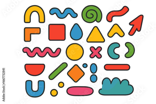 Set of colorful abstract geometric shapes. Hand drawn doodle elements collection. Modern trendy 80s 90s style cartoon forms. Vector graphic basic figures and objects pack.