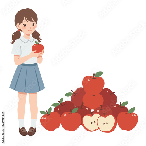 Girl holding red apple with pile of red apples in skirt and white shirt vector illustration 