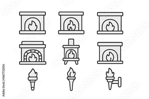 Fireplace and torch outline icon set. Vector collection of linear symbols for home interior and heating. Cozy warmth, fire, and flame concepts for graphic design.