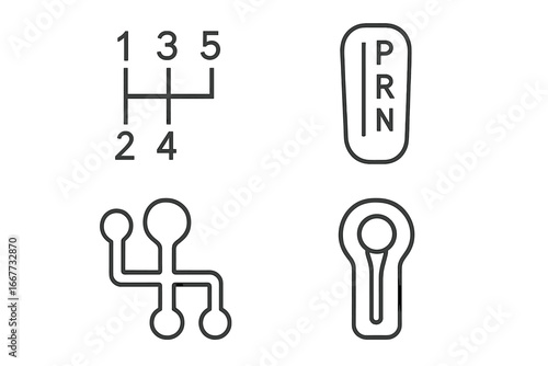 Gear shift outline icon set. Manual and automatic transmission symbols. Car gearbox selector line art collection. Vector automotive illustration for stick shift and PRND.