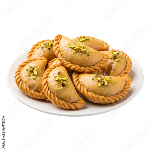 Sweet and festive Gujiya, a traditional Indian deep-fried pastry filled with khoya and nuts, garnished with pistachios on a white plate isolated on a transparent background 