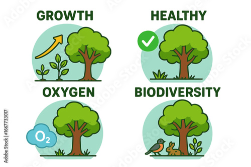 Tree benefits icon set showing growth, health, oxygen production, and biodiversity. Vector illustration of environmental and ecosystem advantages. Ecology and nature conservation concept.