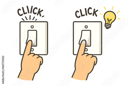 Hand with finger pushes a light switch on and off. Turning on the light bulb symbolizes a great idea, creativity, solution. Turning it off is for energy saving, conservation.