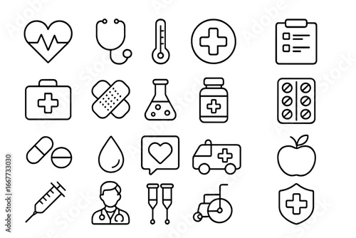 Health and medical line icon set. Healthcare and wellness symbols collection. Vector illustration of first aid, hospital, emergency, doctor, and pharmacy pictograms.
