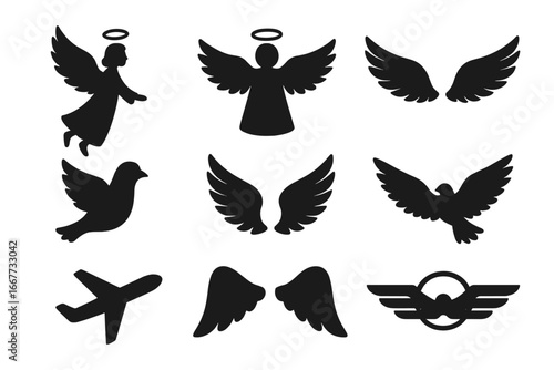 Angel wings silhouette icon set. Flight symbols with bird, dove, eagle, and airplane. Aviation logo element. Freedom, heaven, religious concepts. Vector graphic design collection.