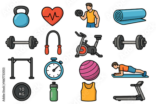 Fitness gym exercise icon set. Workout equipment and activity symbols collection. Vector cartoon illustration for health, sport, training, cardio, strength, bodybuilding.