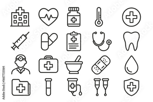 Healthcare medical line icon set. Hospital medicine linear icons collection. Doctor, dentist, pharmacy concept. First aid, emergency, health insurance symbol. Stethoscope vector.