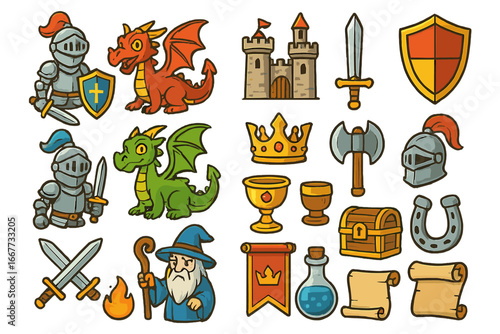 Medieval fantasy icon set. Cartoon vector collection with knight, dragon, wizard, castle. RPG game assets. Fairytale adventure elements like sword, shield, crown, and potion.