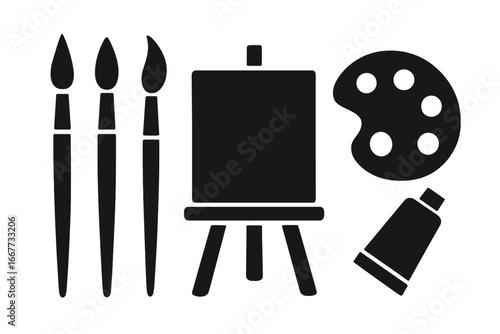 Art tools silhouette icon set. Painting and drawing supplies. Artist equipment with paintbrush, canvas on easel, palette, and paint tube. Creative hobby vector graphics.