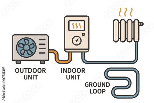 Geothermal heat pump system diagram with outdoor unit, indoor unit, and ground loop. Vector illustration of renewable energy for efficient home heating and cooling. HVAC concept.